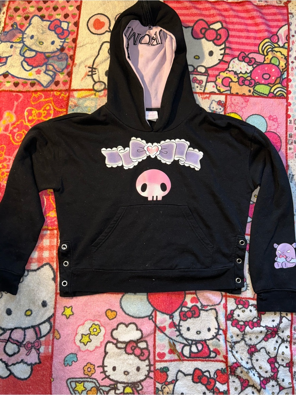 Kuromi Black Hoodie with Pink Skull and Lavender Bow Graphic